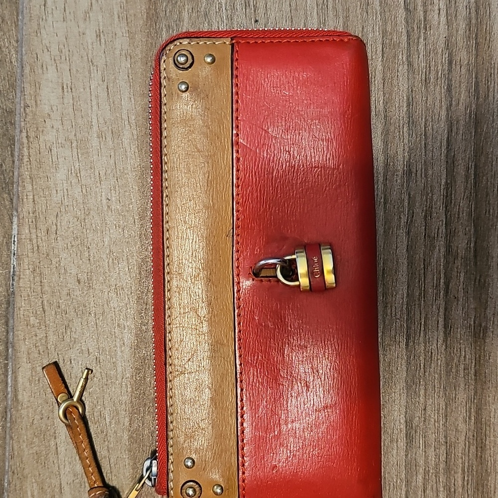 Chloé Red and Tan 3/4 Zip Wallet with Working Lock and Key